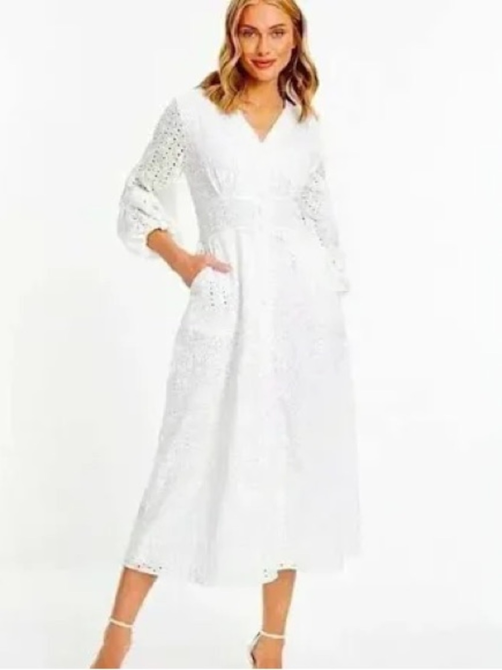 Quiz white eyelet lace dress with puff sleeves and covered buttons